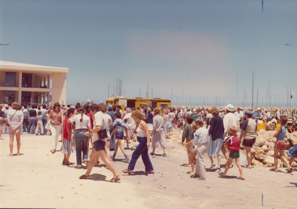 People walking in front of Fremantle Sailing Club's Clubhouse on Opening Day in 1980
