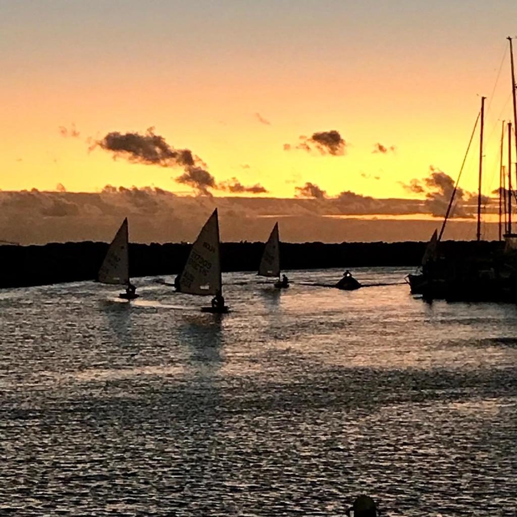 Laser sailors sailing at sunset at Fremantle Sailing Club